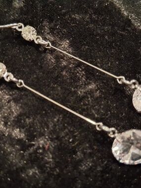 Cubic Zirconia Stick Drop Stones. Long Drop Earrings - Silver Tone